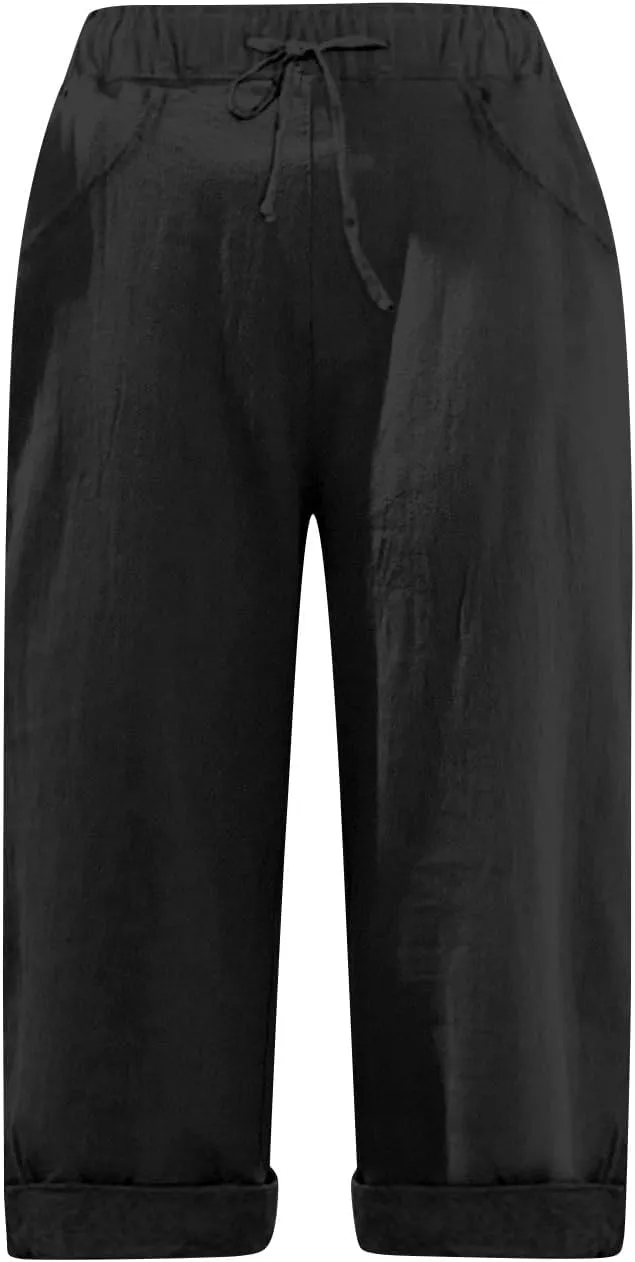 Linen Capri Pants for Women Casual Summer Knee Length Cropped Pants Lightweight Loose Comfy Yoga Capris with Pockets