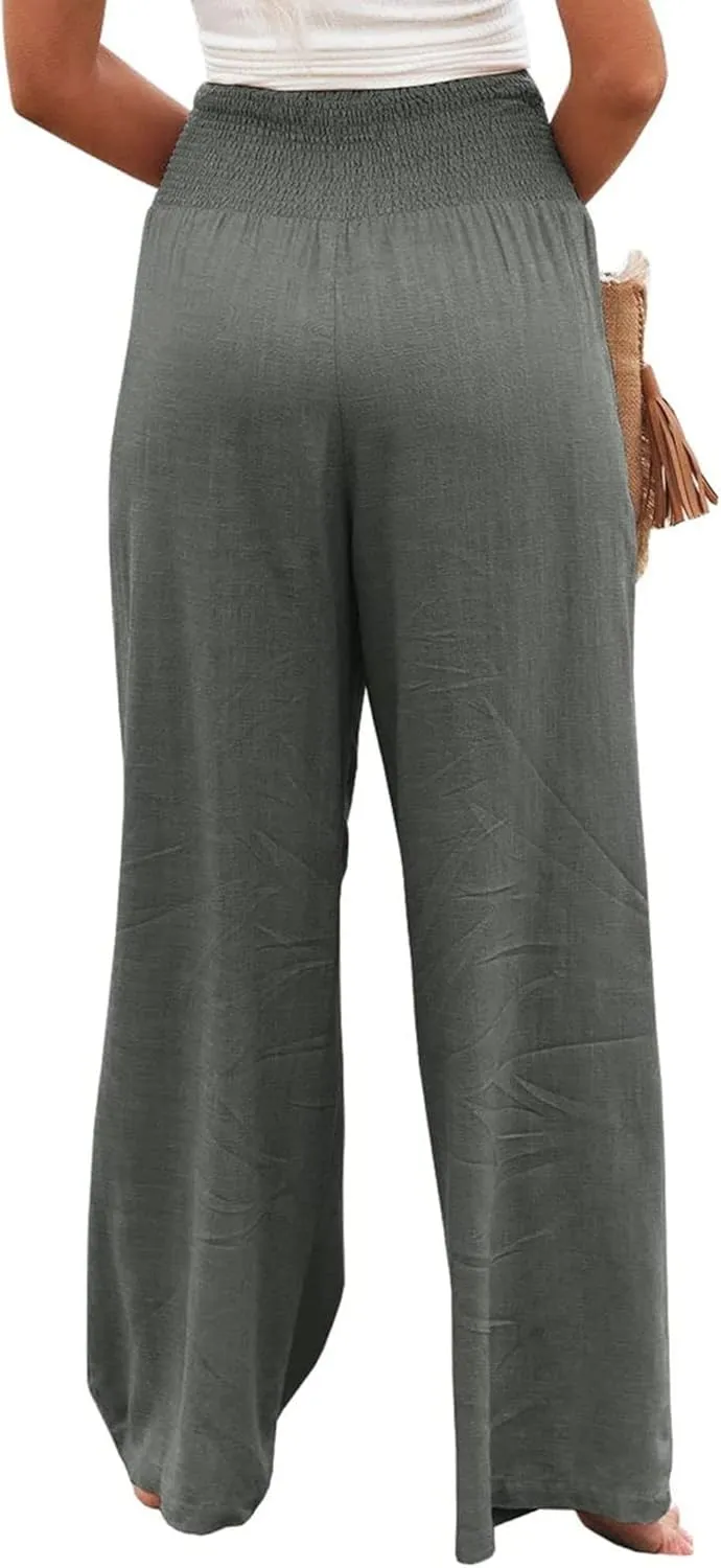 Linen Palazzo Pant for Women Summer High Waisted Wide Leg Pants Casual Pants Plain Vintage Trousers with Pockets