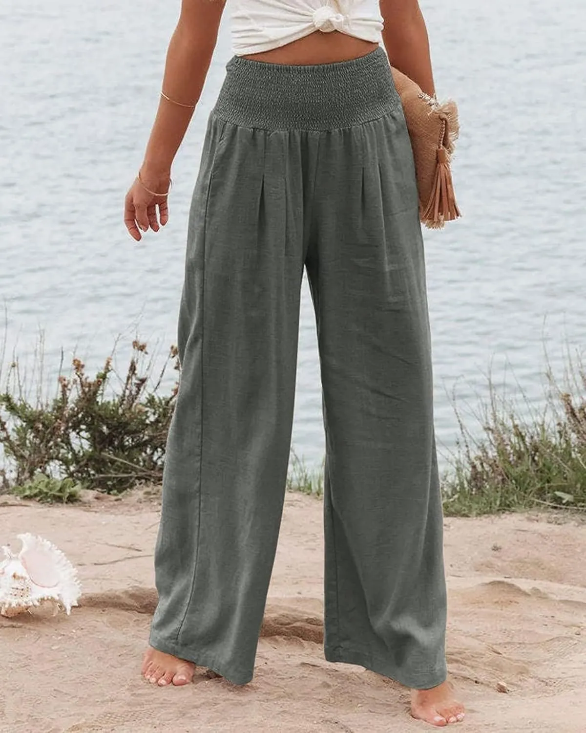 Linen Palazzo Pant for Women Summer High Waisted Wide Leg Pants Casual Pants Plain Vintage Trousers with Pockets