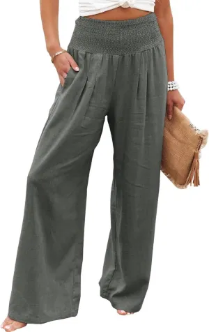 Linen Palazzo Pant for Women Summer High Waisted Wide Leg Pants Casual Pants Plain Vintage Trousers with Pockets