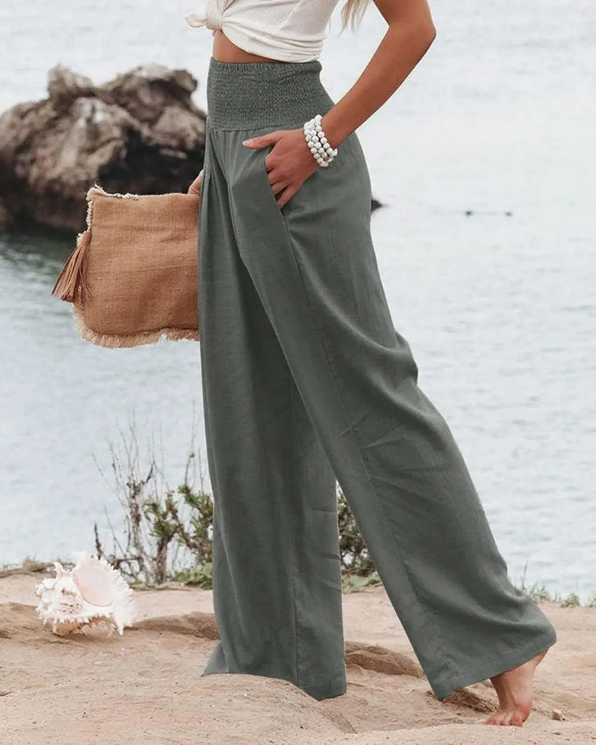 Linen Palazzo Pant for Women Summer High Waisted Wide Leg Pants Casual Pants Plain Vintage Trousers with Pockets