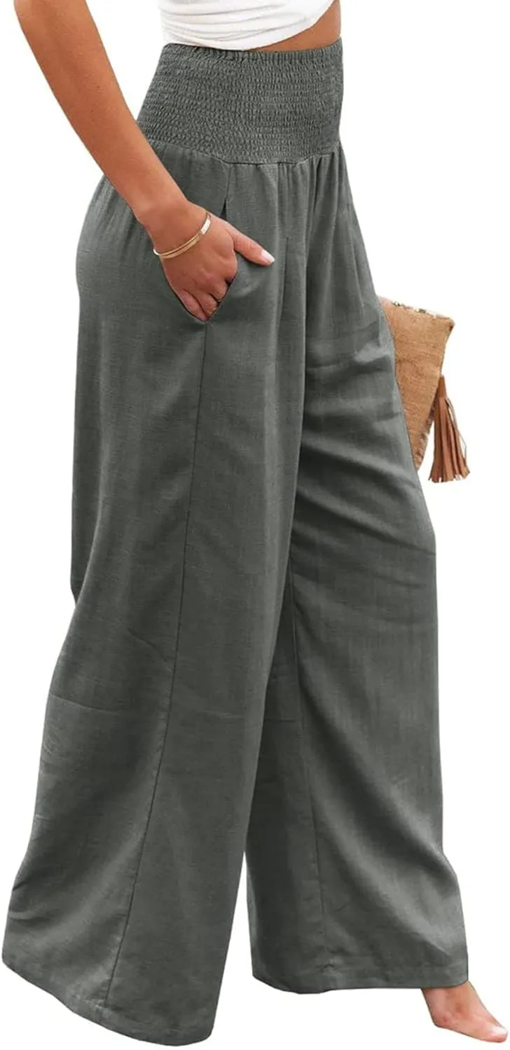 Linen Palazzo Pant for Women Summer High Waisted Wide Leg Pants Casual Pants Plain Vintage Trousers with Pockets