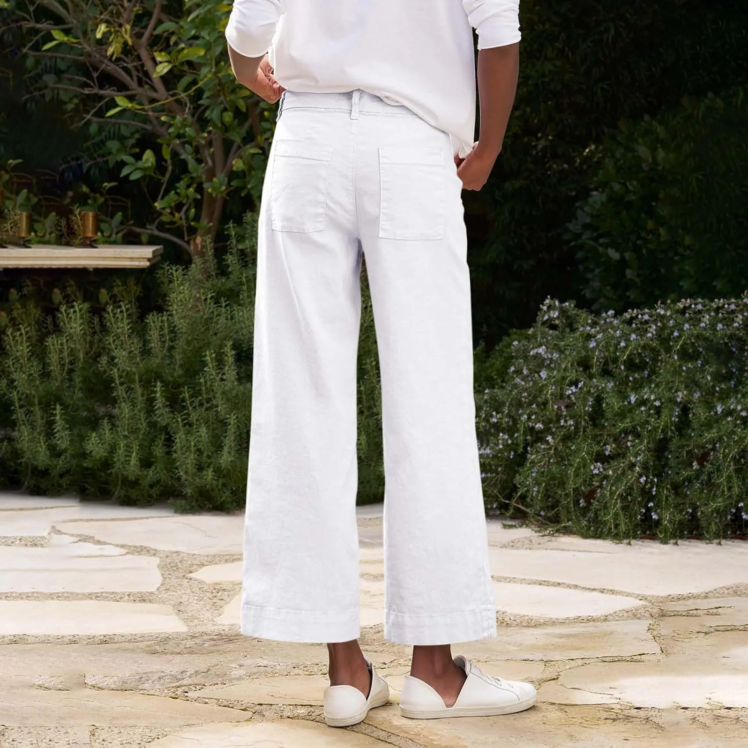Linen Pants for Women, Straight Leg Peasant Pants Elastic Waist Linen Casual