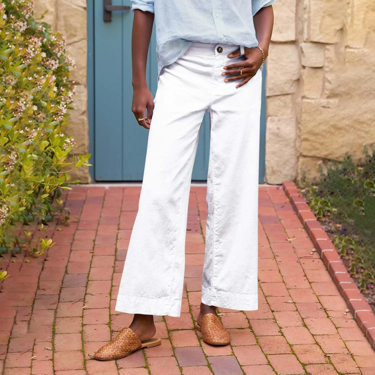 Linen Pants for Women, Straight Leg Peasant Pants Elastic Waist Linen Casual
