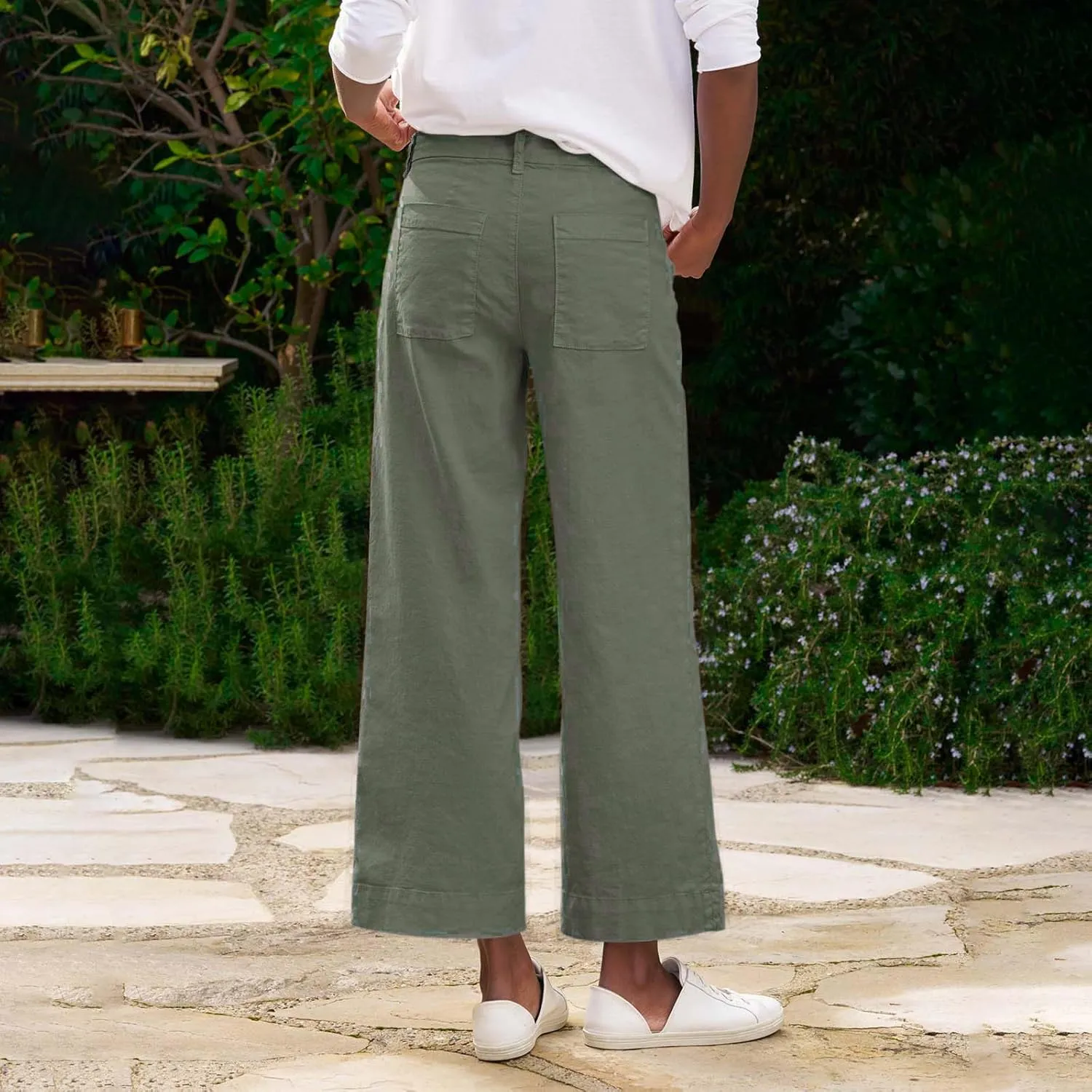 Linen Pants for Women, Straight Leg Peasant Pants Elastic Waist Linen Casual