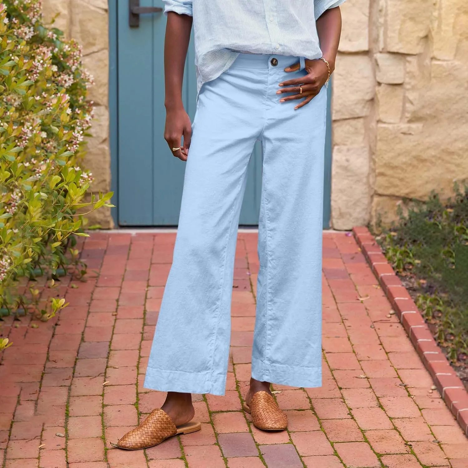 Linen Pants for Women, Straight Leg Peasant Pants Elastic Waist Linen Casual