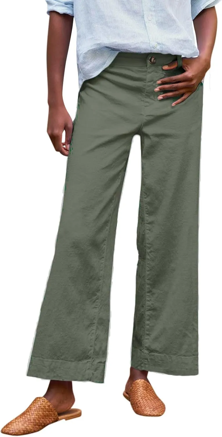 Linen Pants for Women, Straight Leg Peasant Pants Elastic Waist Linen Casual