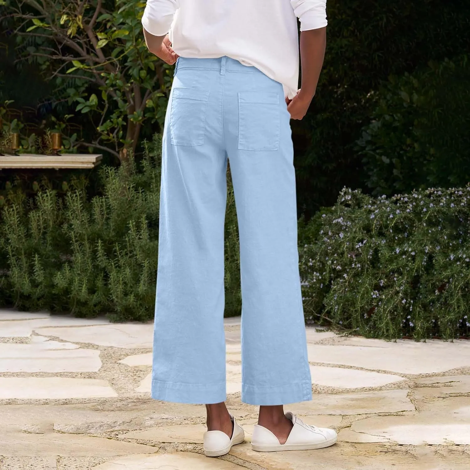 Linen Pants for Women, Straight Leg Peasant Pants Elastic Waist Linen Casual