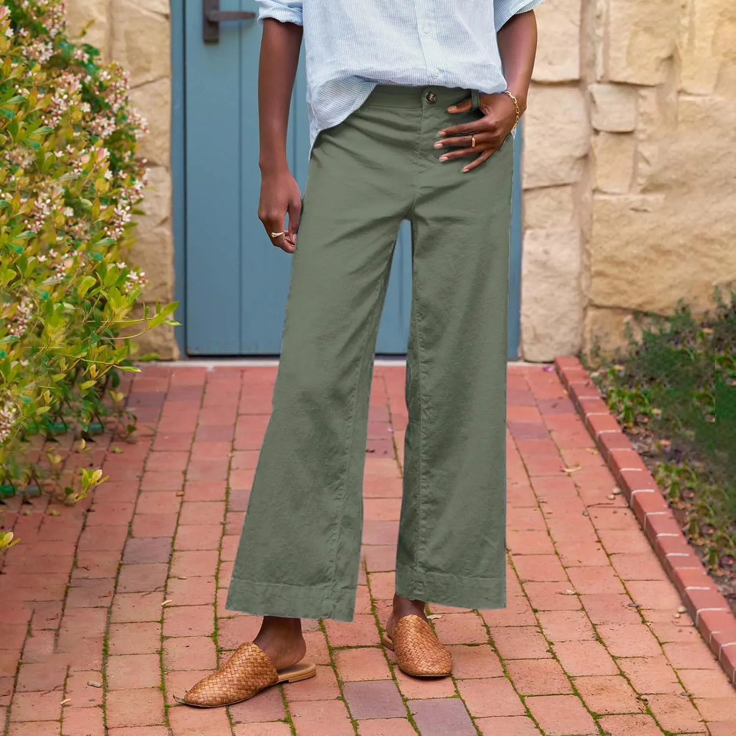 Linen Pants for Women, Straight Leg Peasant Pants Elastic Waist Linen Casual