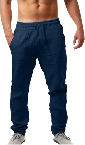 Linen Pants Men,Mens Casual Pants Lightweight Drawstring Beach Pants Elastic Waist Linen Pants Loose Beach Pants