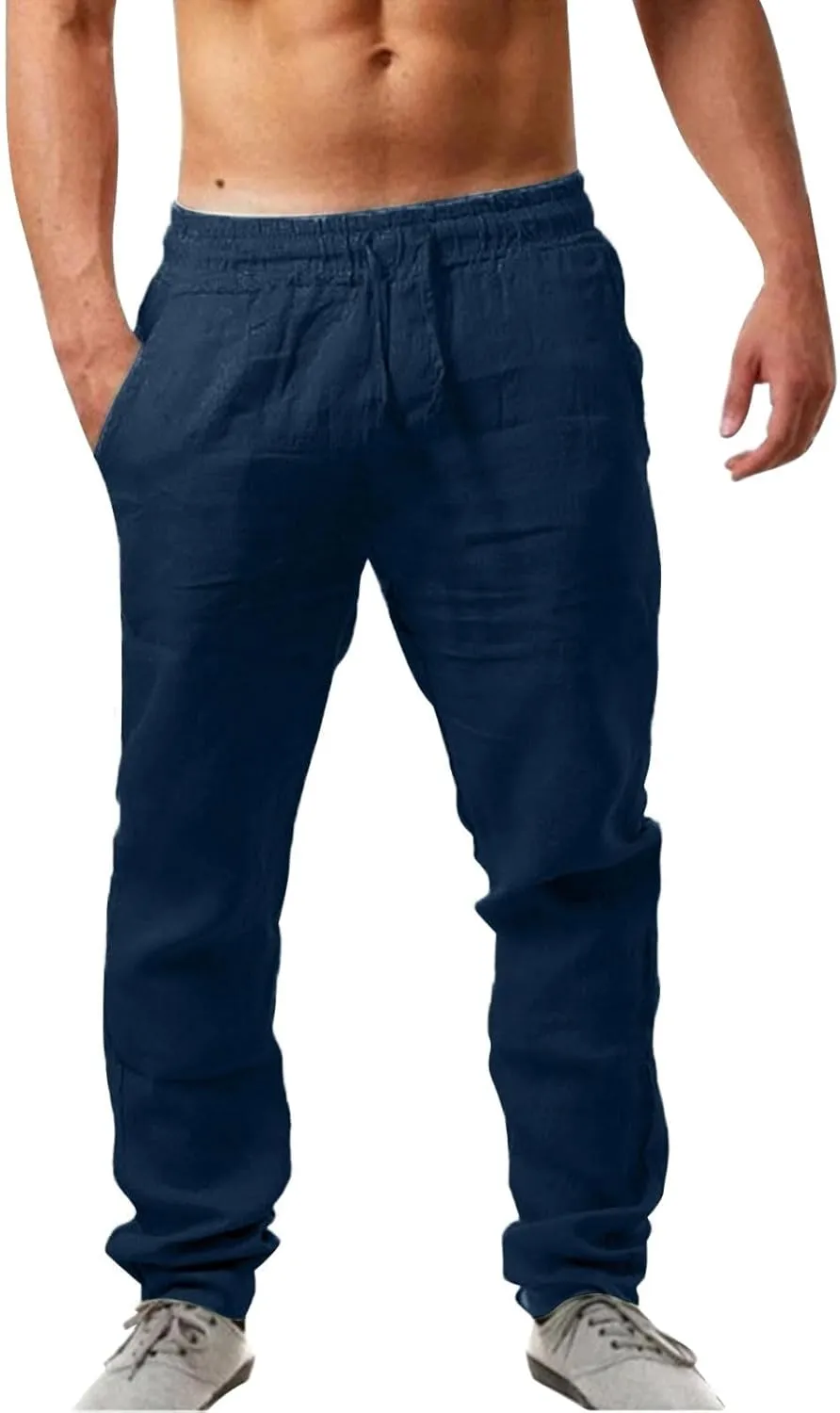 Linen Pants Men,Mens Casual Pants Lightweight Drawstring Beach Pants Elastic Waist Linen Pants Loose Beach Pants