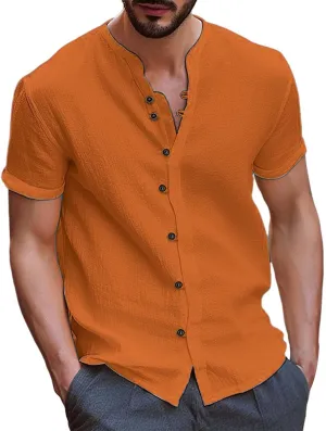 Linen Shirts for Men Trendy Short Sleeve Crewneck Button Down Shirt Vintage Solid Color Breathable Casual Beach Tops
