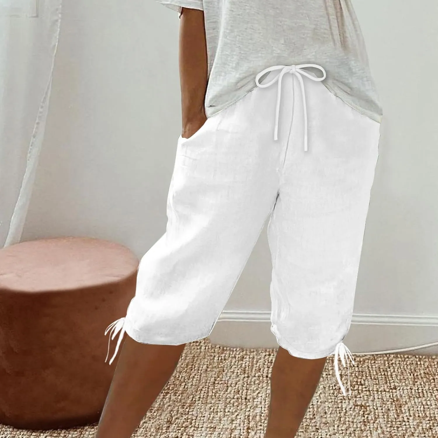 Linen Shorts for Women 2025 Knee Length Summer Shorts Drawstring High Waisted Bermuda Shorts Casual Shorts Pockets