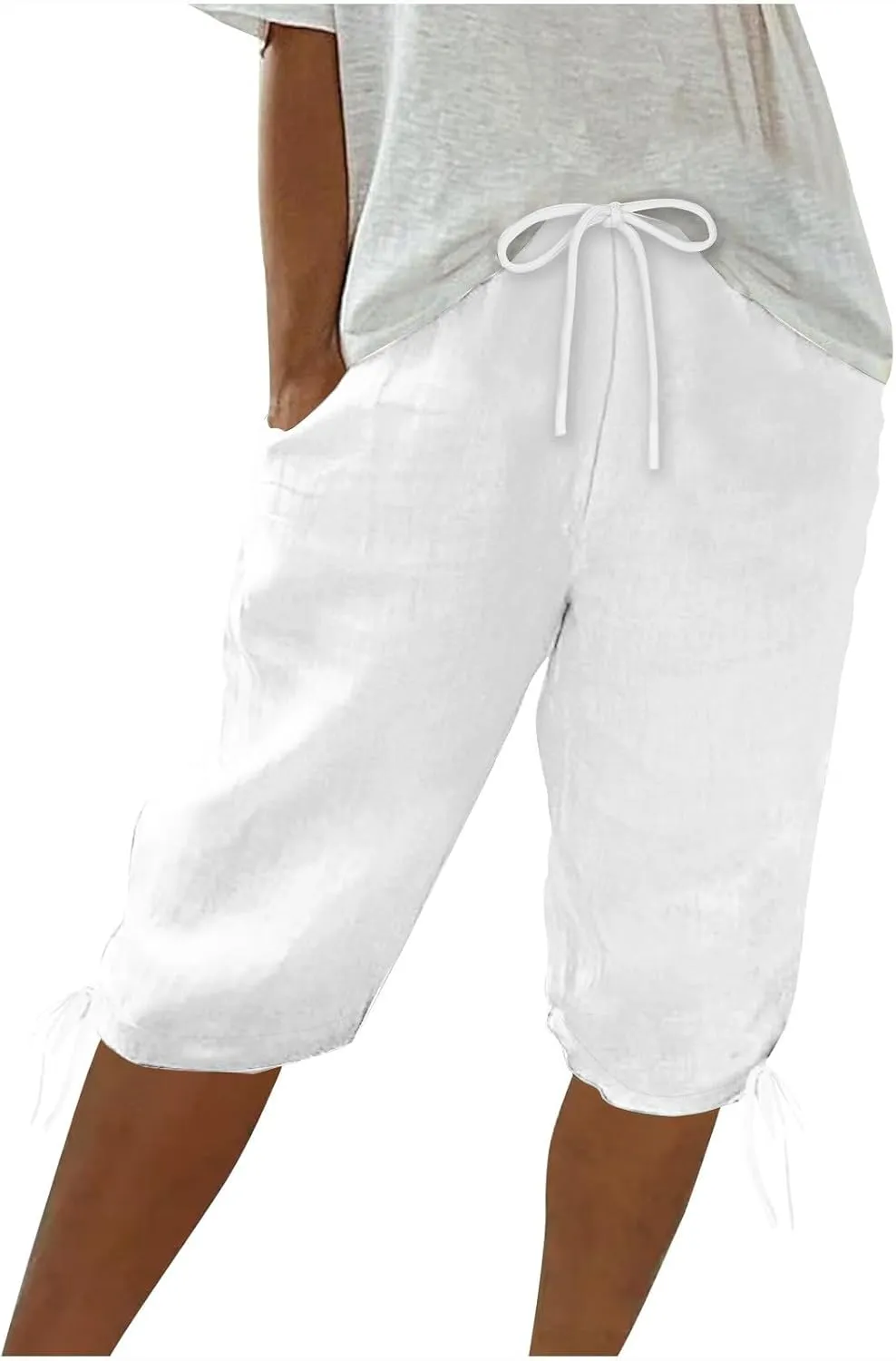 Linen Shorts for Women 2025 Knee Length Summer Shorts Drawstring High Waisted Bermuda Shorts Casual Shorts Pockets