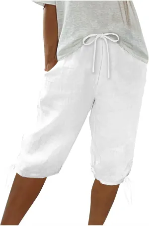 Linen Shorts for Women 2025 Knee Length Summer Shorts Drawstring High Waisted Bermuda Shorts Casual Shorts Pockets