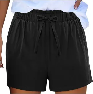 Linen Shorts for Women Summer Casual High Waisted Trousers Lightweight Drawstring Beach Loose Shorts with Pockets