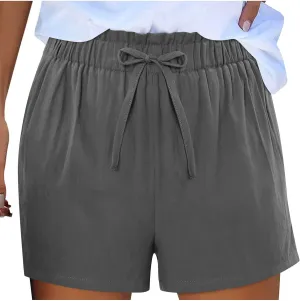 Linen Shorts for Women Summer Casual High Waisted Trousers Lightweight Drawstring Beach Loose Shorts with Pockets