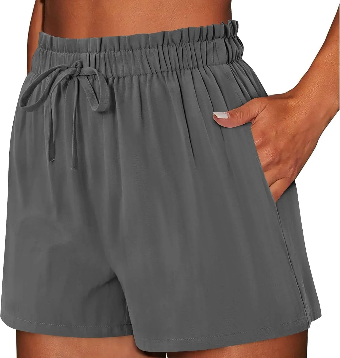 Linen Shorts for Women Summer Casual High Waisted Trousers Lightweight Drawstring Beach Loose Shorts with Pockets