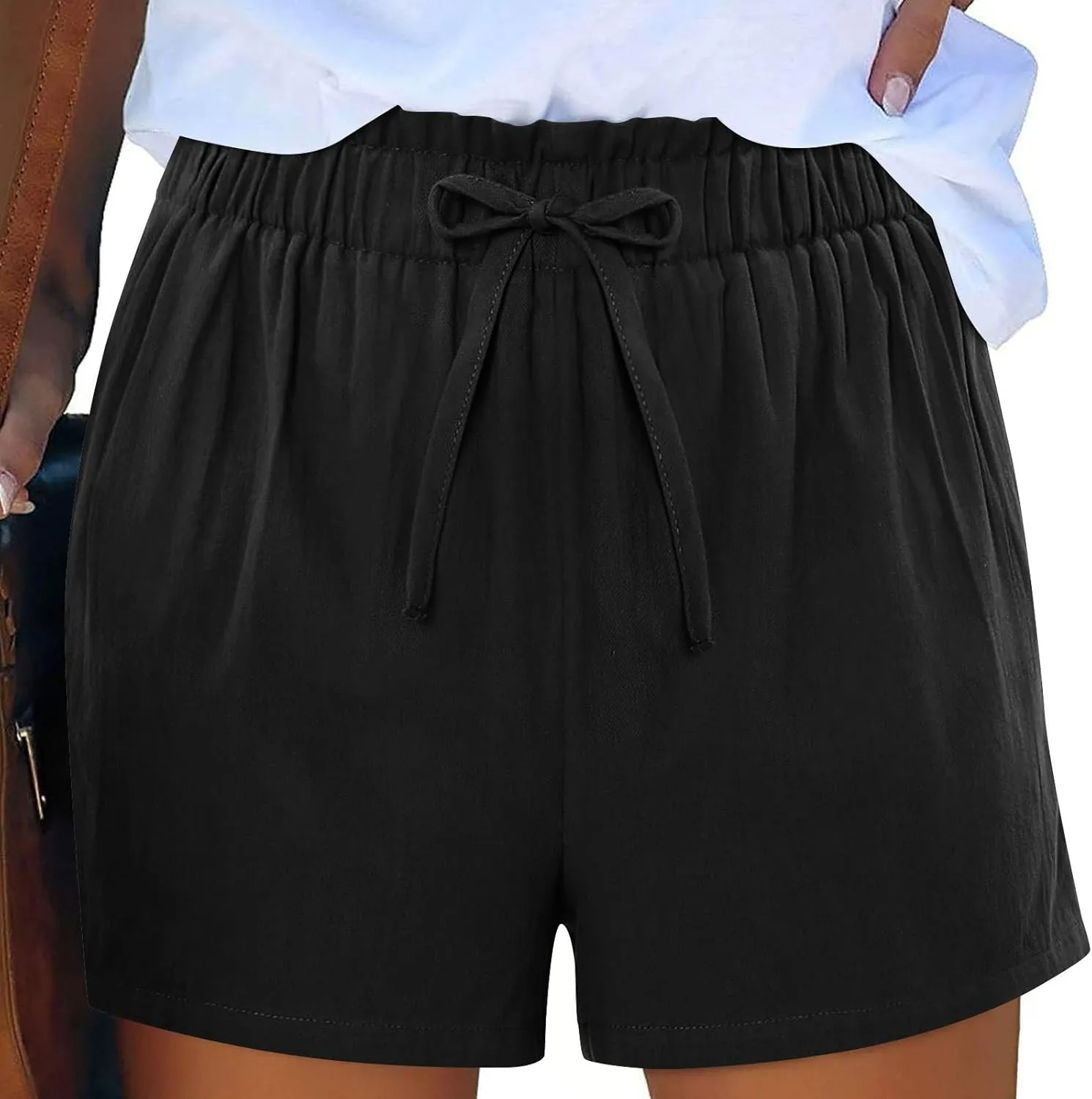 Linen Shorts for Women Summer Casual High Waisted Trousers Lightweight Drawstring Beach Loose Shorts with Pockets