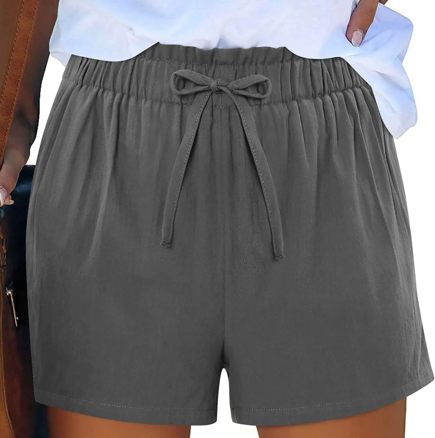Linen Shorts for Women Summer Casual High Waisted Trousers Lightweight Drawstring Beach Loose Shorts with Pockets