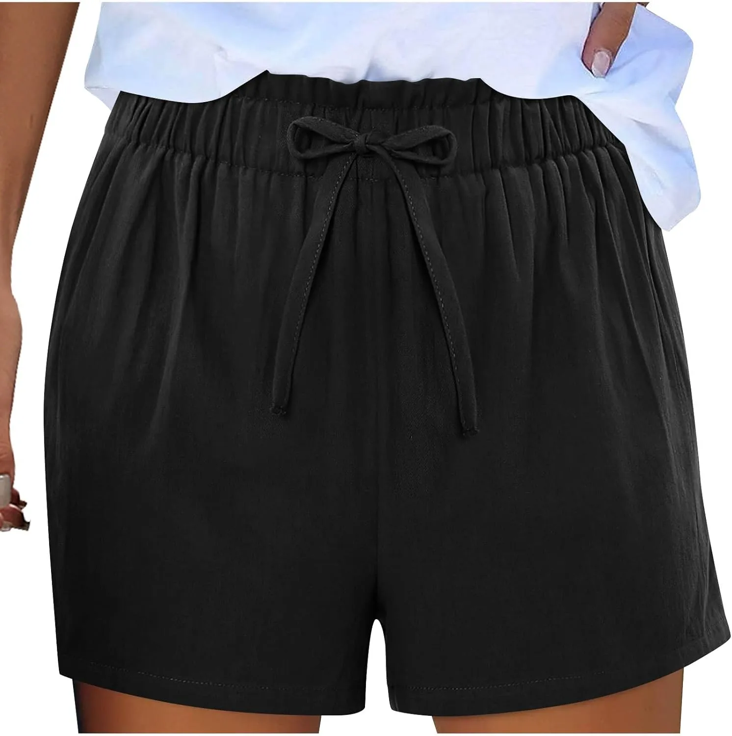 Linen Shorts for Women Summer Casual High Waisted Trousers Lightweight Drawstring Beach Loose Shorts with Pockets