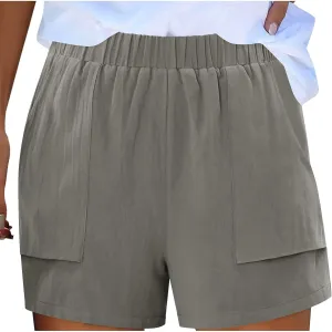 Linen Shorts for Women Summer Casual High Waisted Trousers Lightweight Drawstring Beach Loose Shorts with Pockets