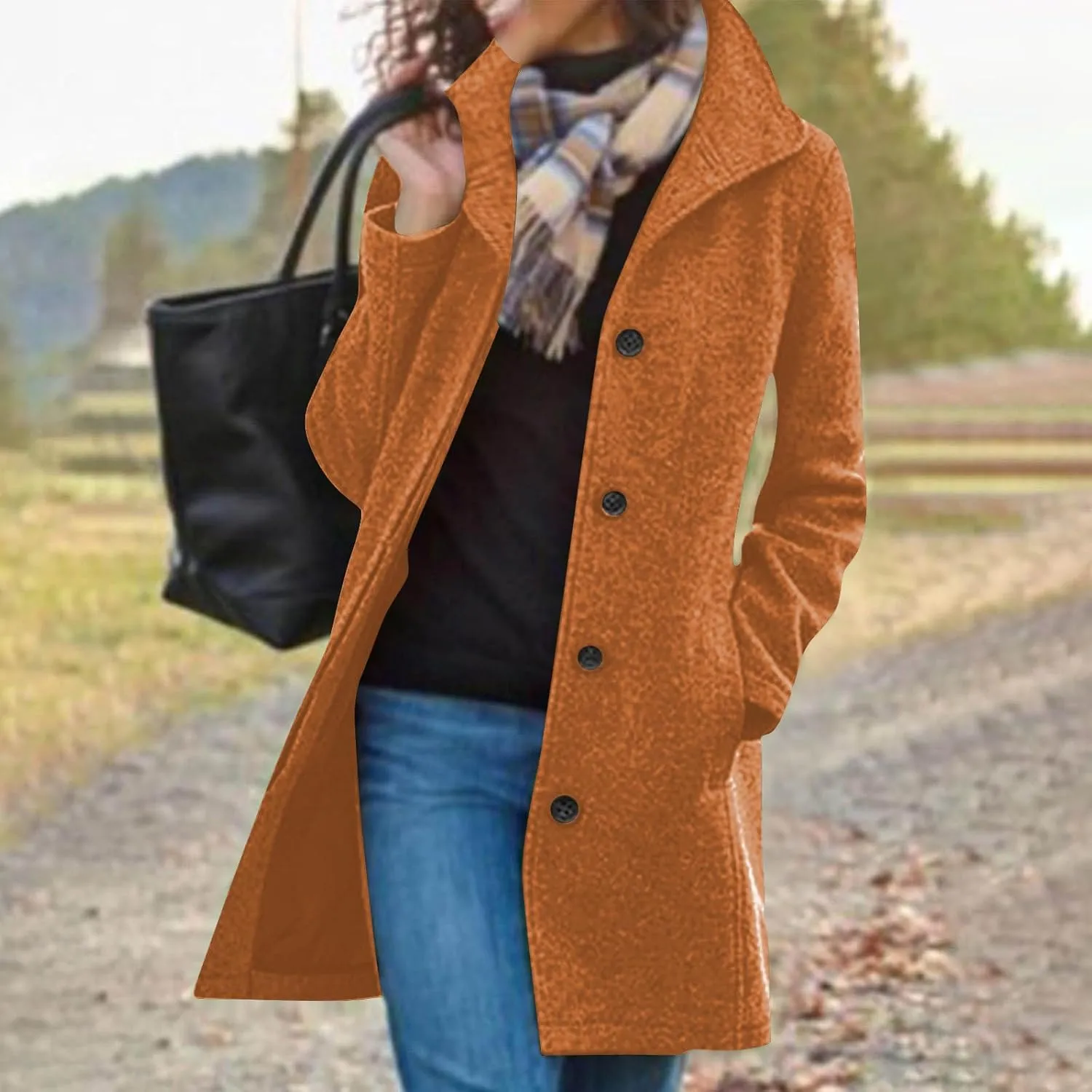 Long Winter Coats for Women Single Breasted Wool Blend Coat Open Front Lapel Overcoat Trench Coat with Pockets