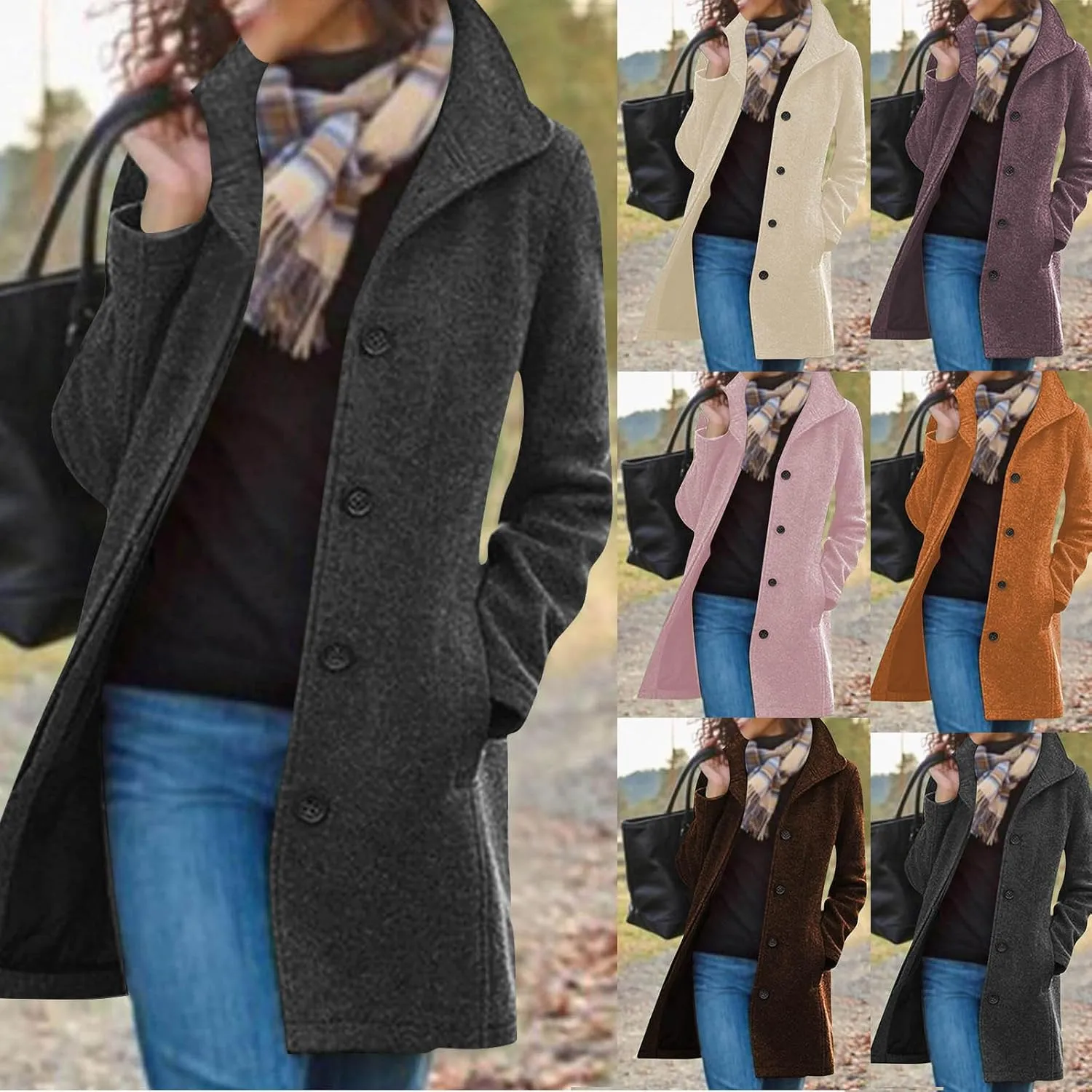 Long Winter Coats for Women Single Breasted Wool Blend Coat Open Front Lapel Overcoat Trench Coat with Pockets