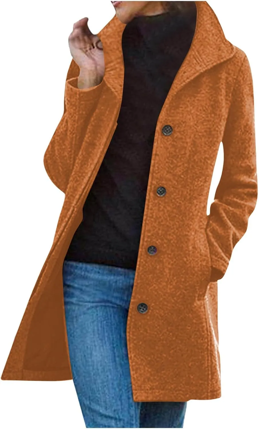 Long Winter Coats for Women Single Breasted Wool Blend Coat Open Front Lapel Overcoat Trench Coat with Pockets