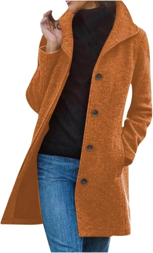Long Winter Coats for Women Single Breasted Wool Blend Coat Open Front Lapel Overcoat Trench Coat with Pockets
