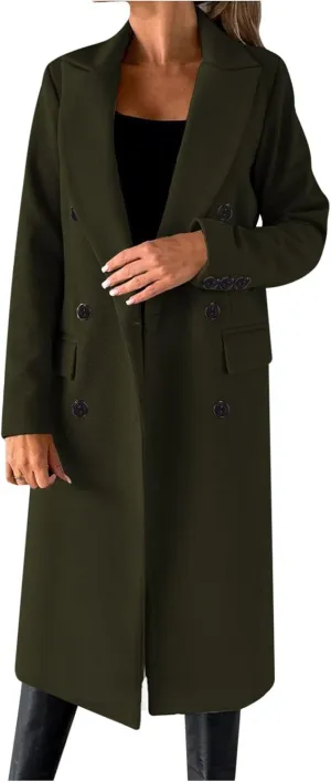 maisdgop Winter Coats for Women Warm Double Breasted Wool Pea Coat Elegant Notched 2024 Long Length Trench Coat Overcoats