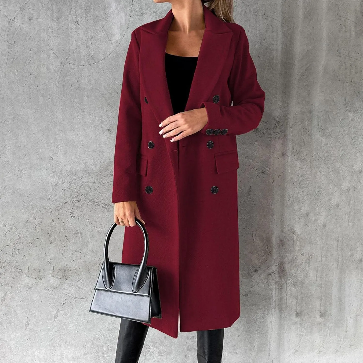 maisdgop Winter Coats for Women Warm Double Breasted Wool Pea Coat Elegant Notched 2024 Long Length Trench Coat Overcoats