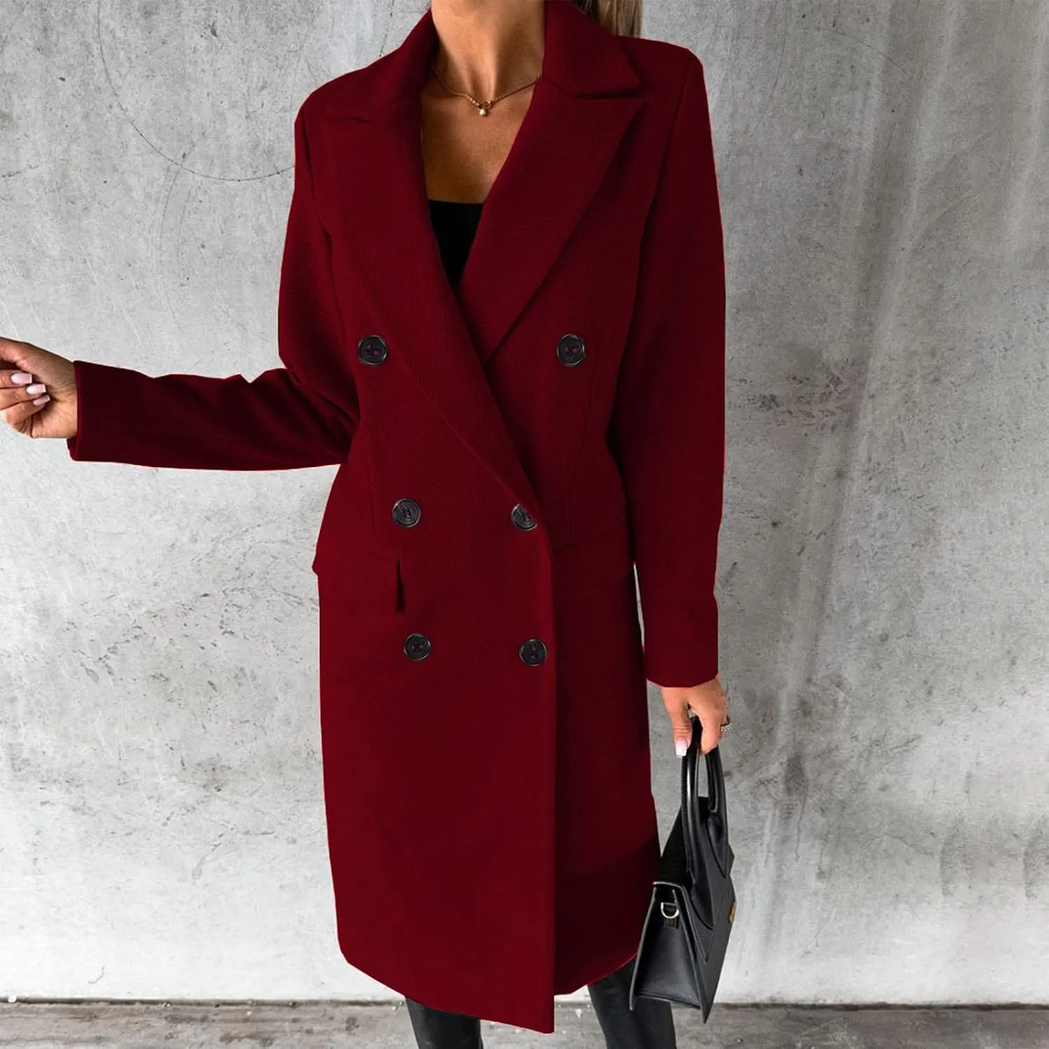 maisdgop Winter Coats for Women Warm Double Breasted Wool Pea Coat Elegant Notched 2024 Long Length Trench Coat Overcoats