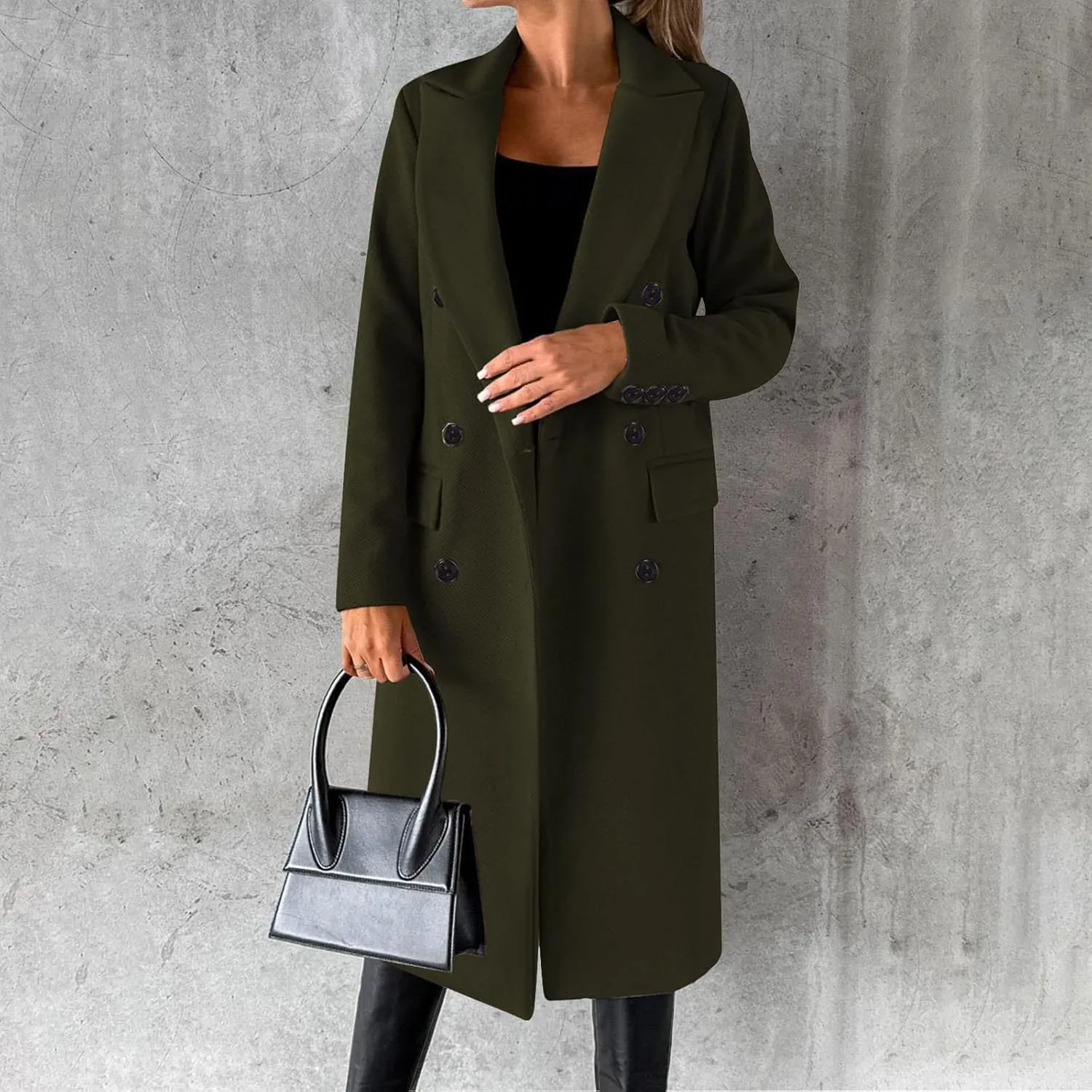 maisdgop Winter Coats for Women Warm Double Breasted Wool Pea Coat Elegant Notched 2024 Long Length Trench Coat Overcoats