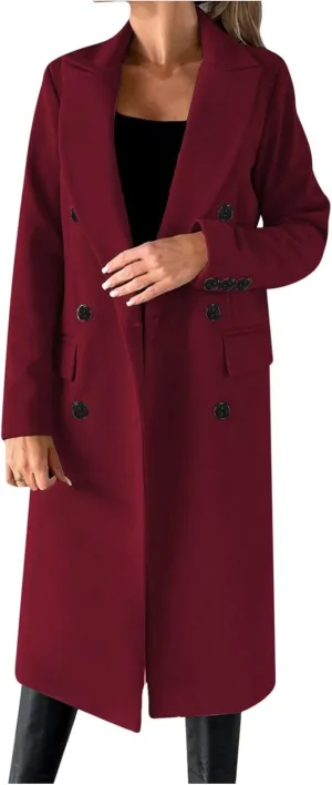 maisdgop Winter Coats for Women Warm Double Breasted Wool Pea Coat Elegant Notched 2024 Long Length Trench Coat Overcoats
