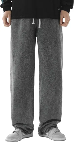Maiyifu-GJ Casual Baggy Jeans for Men Loose Fit Straight Leg Hip Hop Jeans Drawstring Elastic Waist Wide Leg Denim Pants