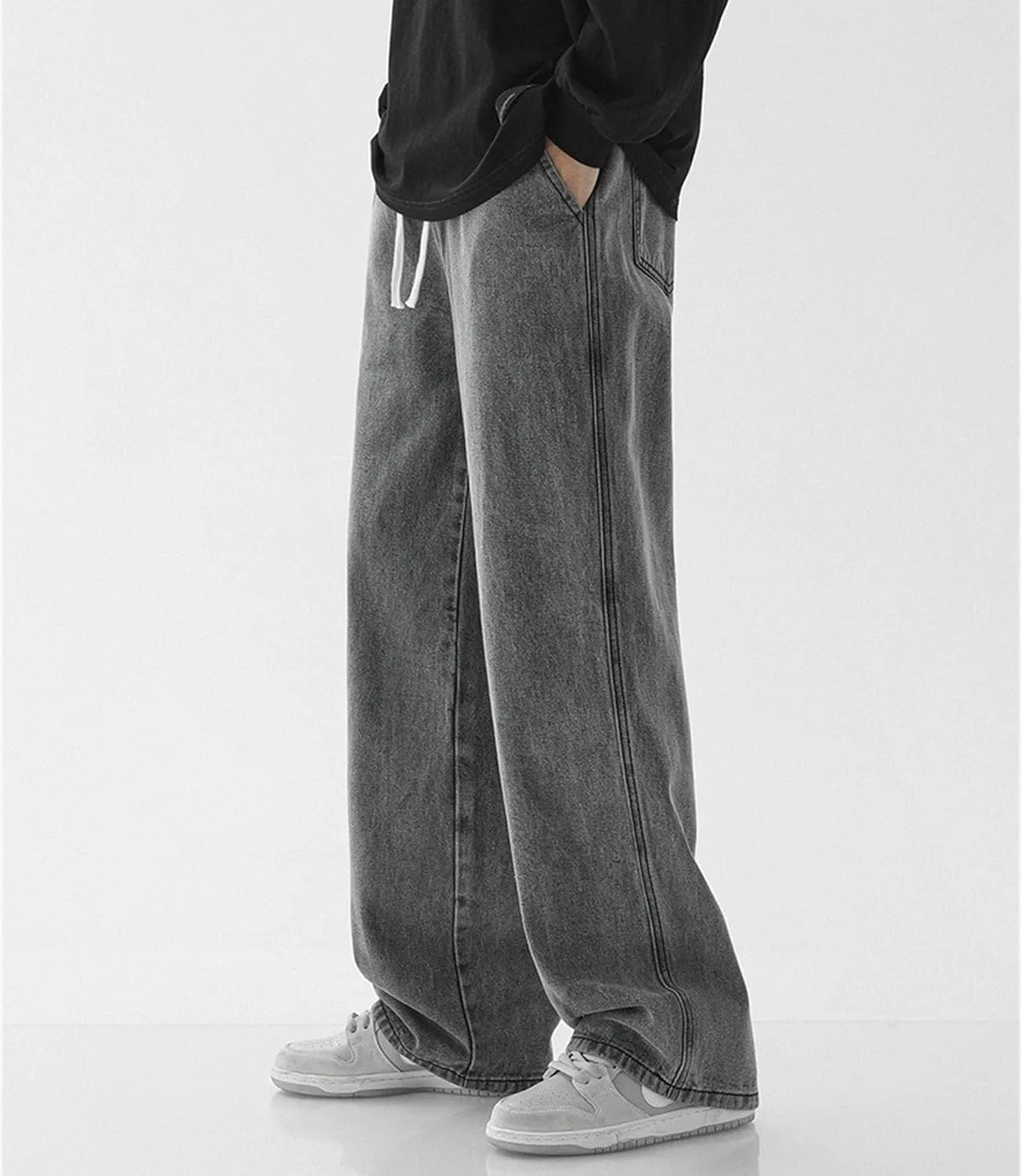 Maiyifu-GJ Casual Baggy Jeans for Men Loose Fit Straight Leg Hip Hop Jeans Drawstring Elastic Waist Wide Leg Denim Pants
