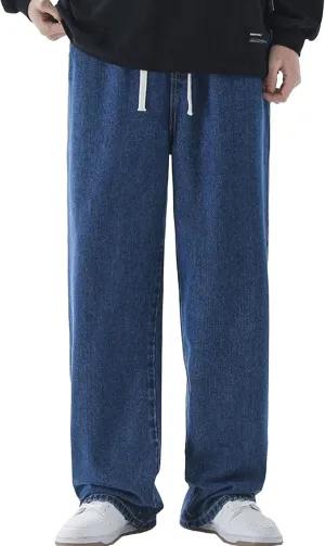 Maiyifu-GJ Casual Baggy Jeans for Men Loose Fit Straight Leg Hip Hop Jeans Drawstring Elastic Waist Wide Leg Denim Pants