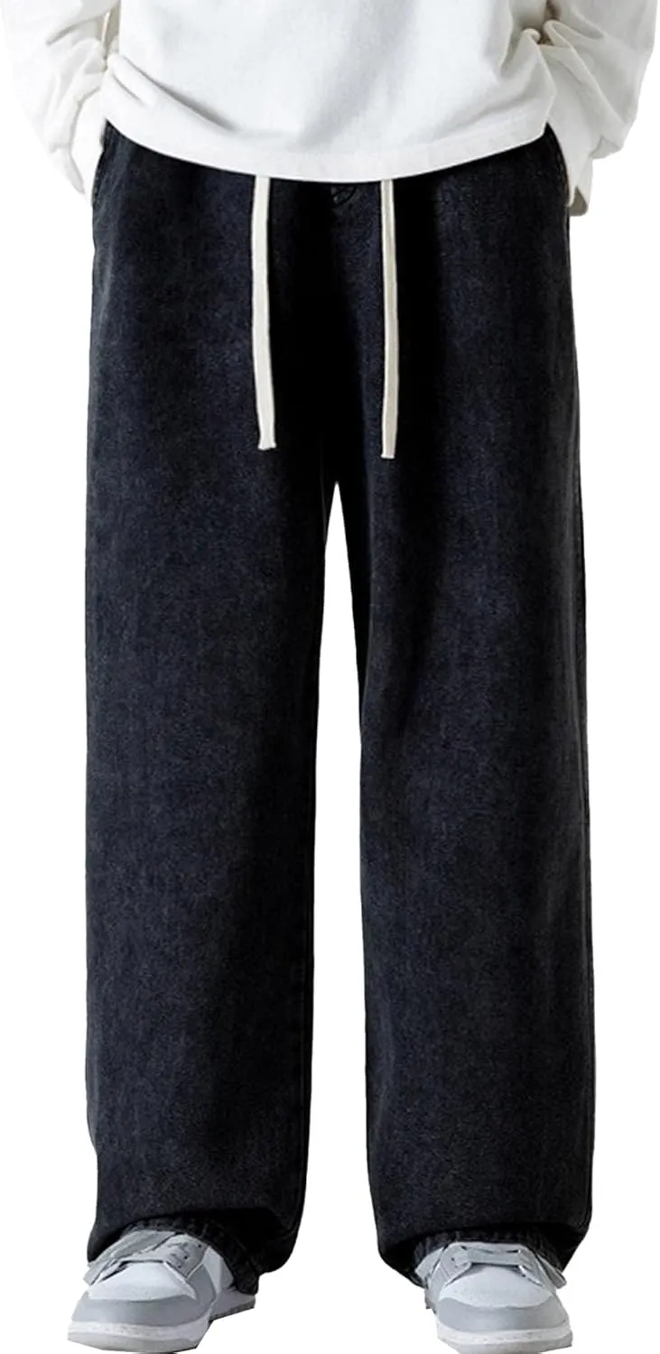Maiyifu-GJ Casual Baggy Jeans for Men Loose Fit Straight Leg Hip Hop Jeans Drawstring Elastic Waist Wide Leg Denim Pants