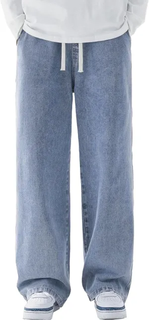 Maiyifu-GJ Casual Baggy Jeans for Men Loose Fit Straight Leg Hip Hop Jeans Drawstring Elastic Waist Wide Leg Denim Pants