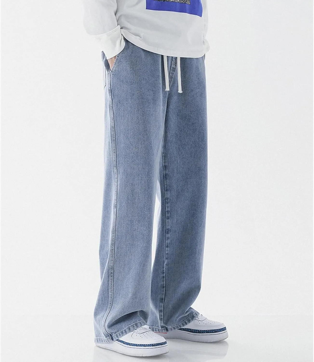 Maiyifu-GJ Casual Baggy Jeans for Men Loose Fit Straight Leg Hip Hop Jeans Drawstring Elastic Waist Wide Leg Denim Pants