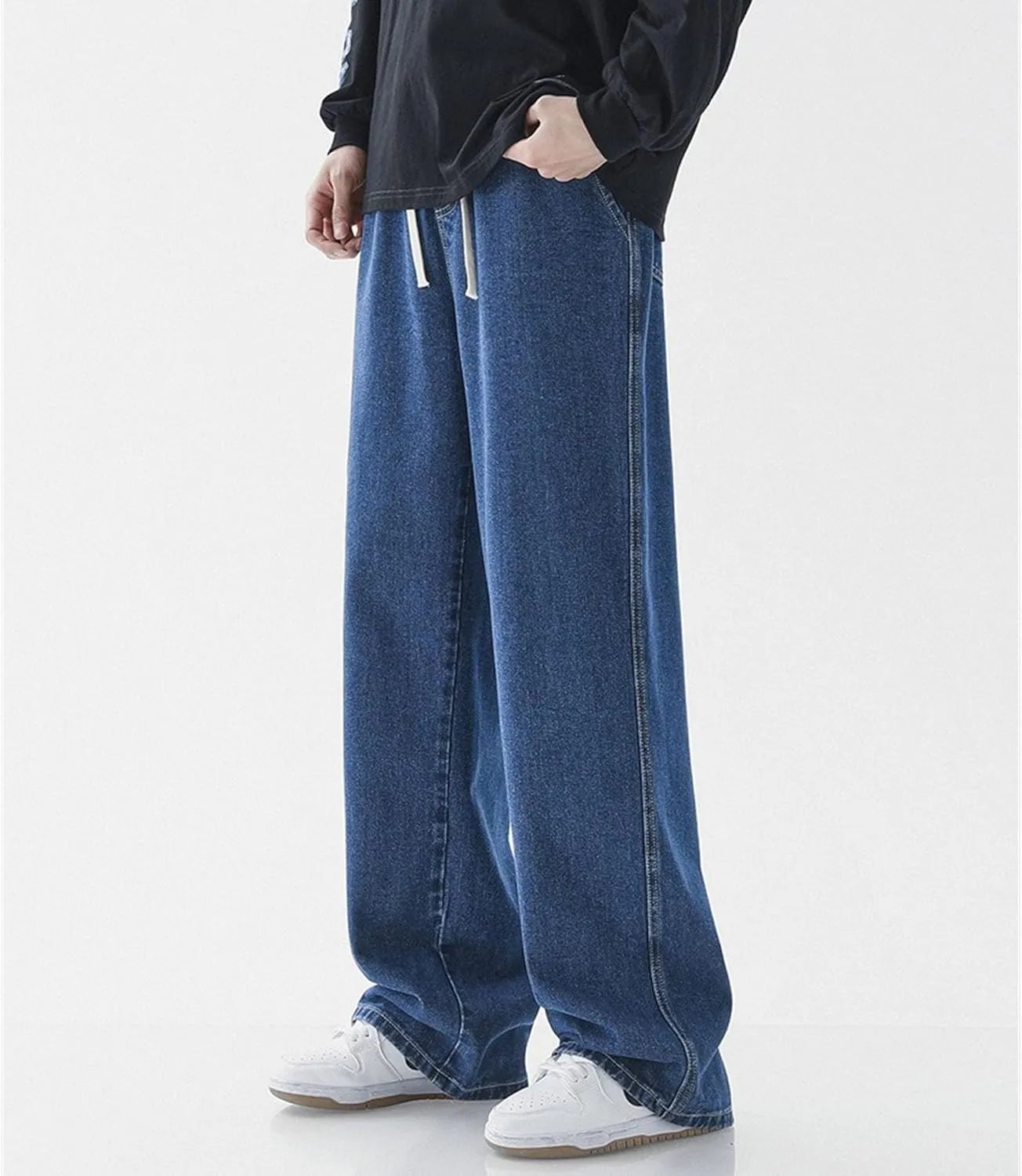 Maiyifu-GJ Casual Baggy Jeans for Men Loose Fit Straight Leg Hip Hop Jeans Drawstring Elastic Waist Wide Leg Denim Pants