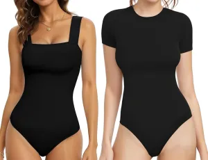 MANGOPOP Tank Top Bodysuit for Women Square Neck Sleeveless Body Suit   Crew Neck Short Sleeve Bodysuit Basic T Shirts Tops Black L