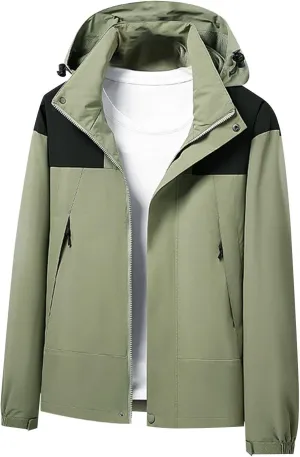 Men Button Zipper Jacket Stand Collar Hooded Outdoor Windproof Jacket Fashion Long Sleeve Outerwear with Pocket
