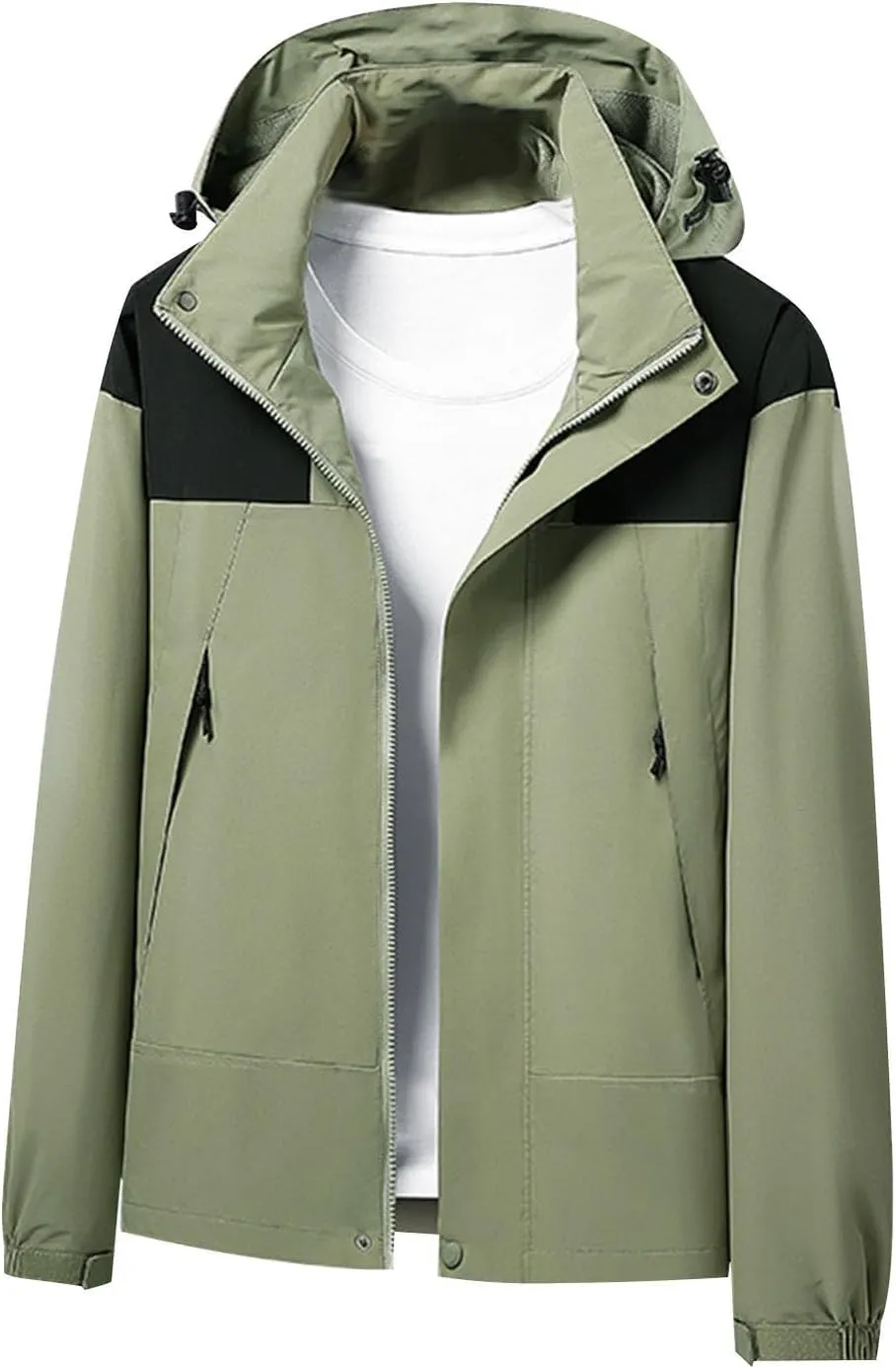 Men Button Zipper Jacket Stand Collar Hooded Outdoor Windproof Jacket Fashion Long Sleeve Outerwear with Pocket