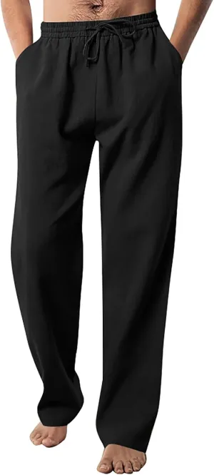Men Linen Pants Casual Elastic Waist Trousers Summer Beach Vacation Lightweight Pants Straight Leg Drawstring Slacks
