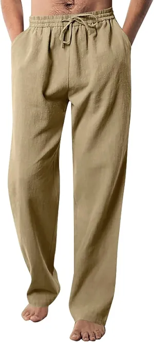 Men Linen Pants Casual Elastic Waist Trousers Summer Beach Vacation Lightweight Pants Straight Leg Drawstring Slacks