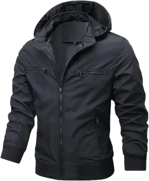 Men Windproof Warm Coat Jacket Full Zip Stand Collar Hooded Jacket Casual Fashion Solid Color Outerwear with Pocket