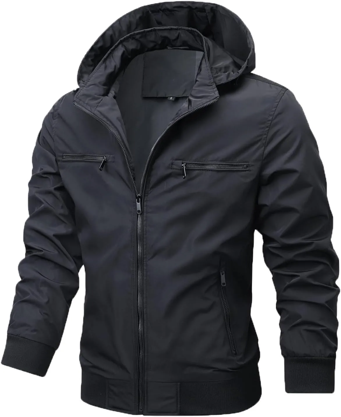 Men Windproof Warm Coat Jacket Full Zip Stand Collar Hooded Jacket Casual Fashion Solid Color Outerwear with Pocket