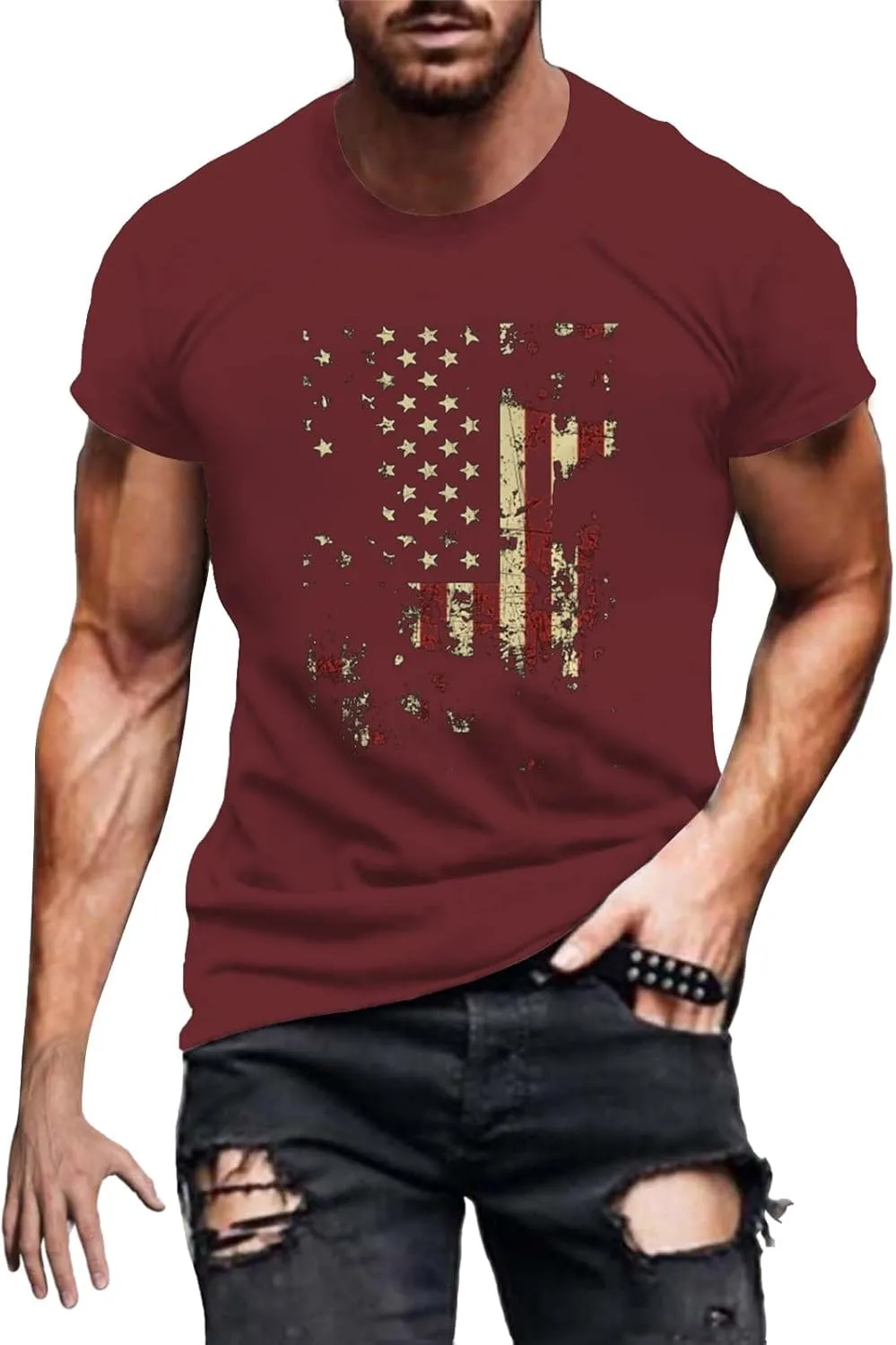 Mens American Flag Shirt Retro USA Patriotic 4th of July T-Shirts Casual Crewneck Short Sleeve Star Stripes Tee Shirts